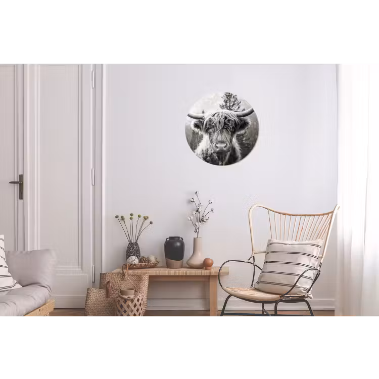 Schotse hooglander - Koe - Dieren - Zwart - Wit Wandcirkel aluminium klein -woonkamer