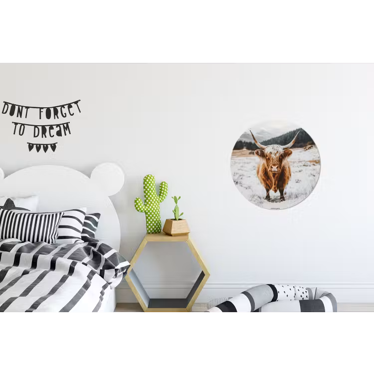 Schotse Hooglander - Sneeuw - Winter - Dieren Wandcirkel aluminium klein -kinderkamer