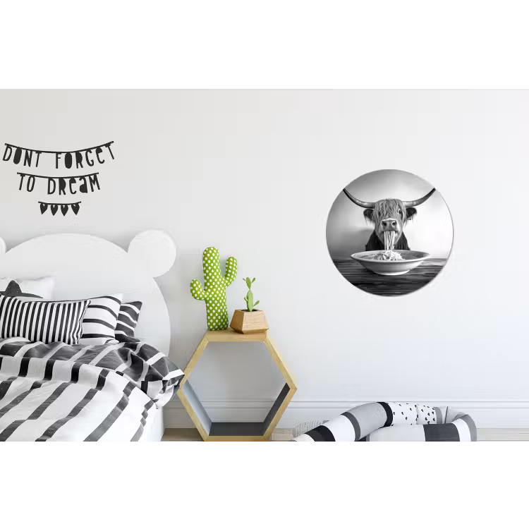 Schotse Hooglander - Spaghetti - Dieren - Zwart wit Wandcirkel aluminium klein -kinderkamer