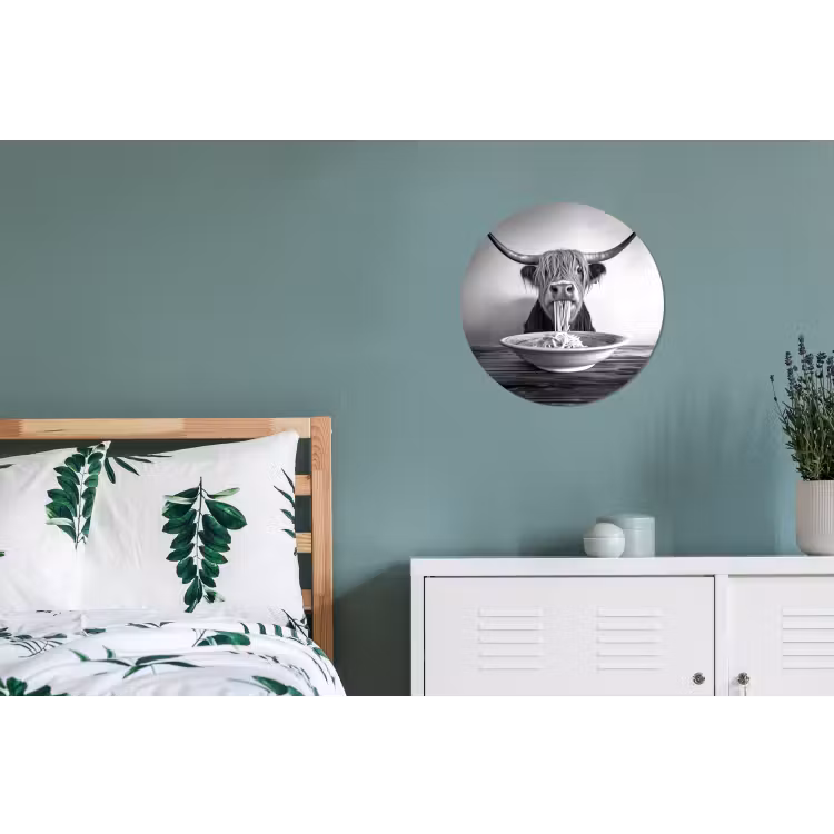 Schotse Hooglander - Spaghetti - Dieren - Zwart wit Wandcirkel aluminium klein -slaapkamer