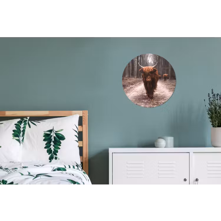 Schotse hooglander - Bos - Koe - Dieren - Natuur Wandcirkel aluminium klein -slaapkamer