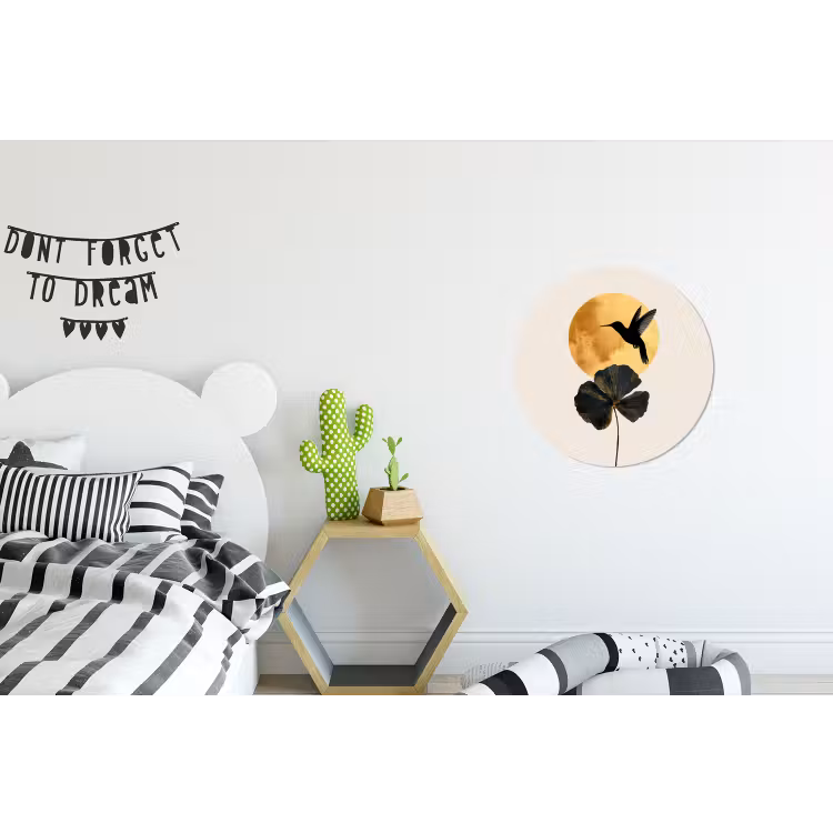 Zwarte kolibrie - Bloem - Gouden cirkel Wandcirkel aluminium klein -kinderkamer