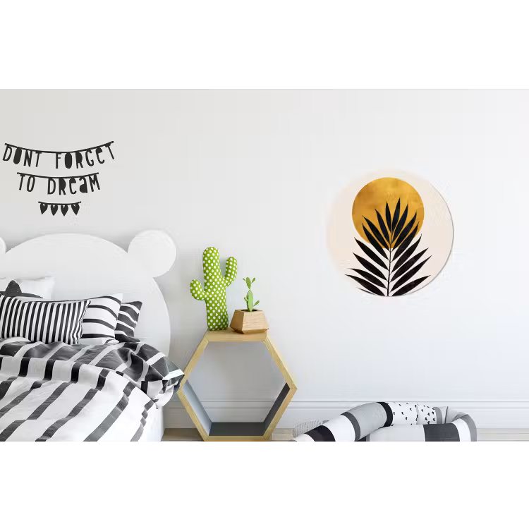 Zwart palmblad - Gouden cirkel - Beige achtergrond Wandcirkel aluminium klein -kinderkamer