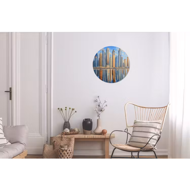 Skyline - Wolkenkrabbers - Water - Blauw Wandcirkel aluminium klein -woonkamer