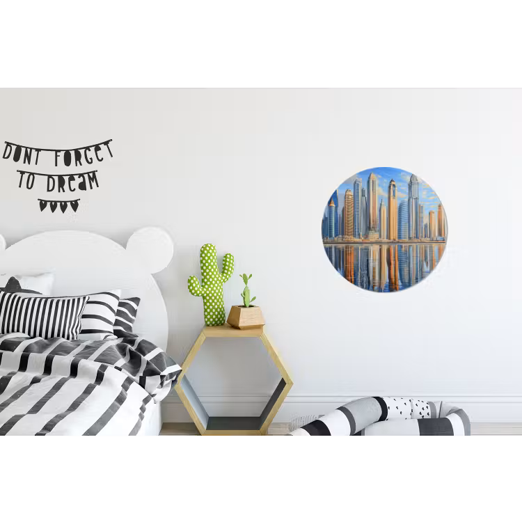Skyline - Wolkenkrabbers - Water - Blauw Wandcirkel aluminium klein -kinderkamer