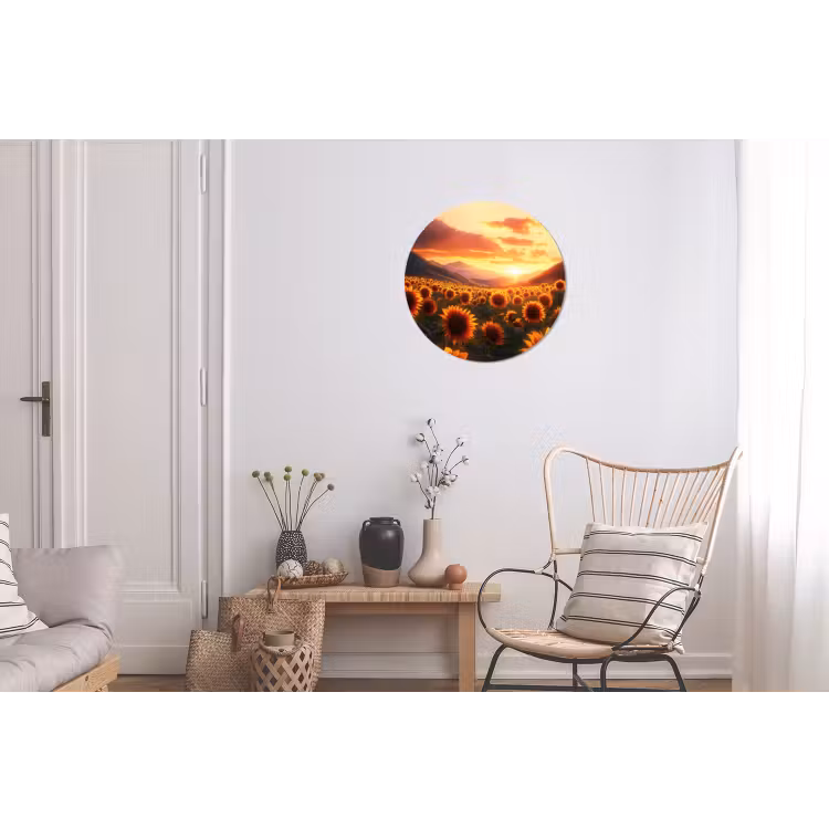 Zonnebloemen - Zonsondergang - Landschap Wandcirkel aluminium klein -woonkamer
