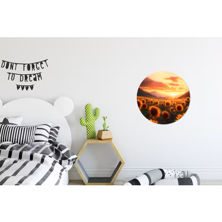 Zonnebloemen - Zonsondergang - Landschap Wandcirkel aluminium klein -kinderkamer