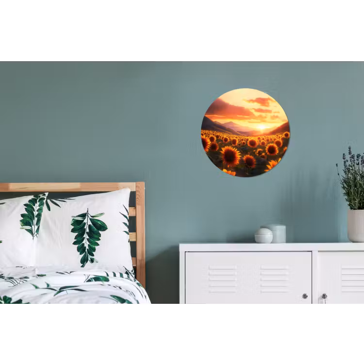 Zonnebloemen - Zonsondergang - Landschap Wandcirkel aluminium klein -slaapkamer
