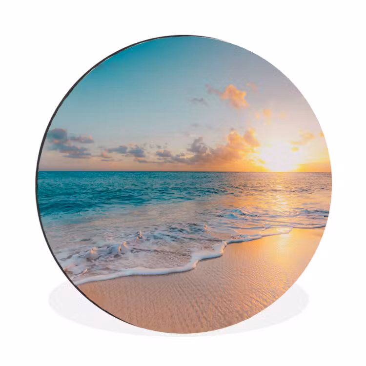 Zonsondergang - Strand - Zee - Zomer - Blauw Wandcirkel aluminium klein -3d
