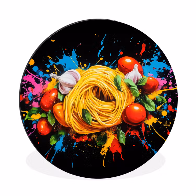 Spaghetti - Graffiti - Verf - Kleurrijk - Eten - Modern Wandcirkel aluminium klein -3d