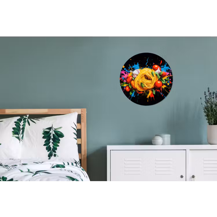 Spaghetti - Graffiti - Verf - Kleurrijk - Eten - Modern Wandcirkel aluminium klein -slaapkamer