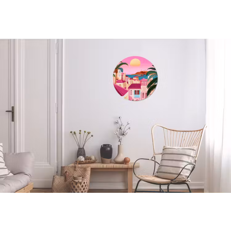 Stad - Roze - Palmbomen Wandcirkel aluminium klein -woonkamer