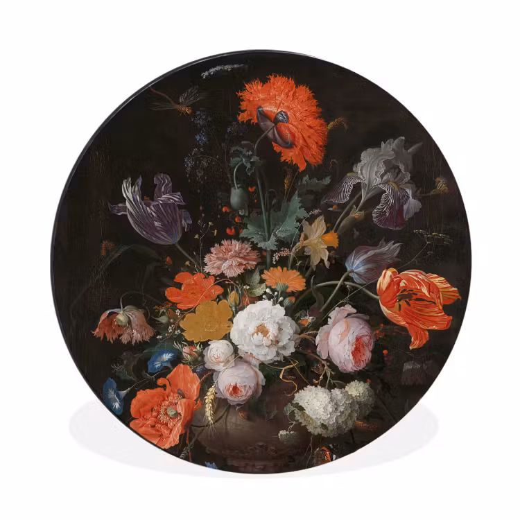 Stilleven met bloemen en een horloge - Schilderij van Abraham Mignon Wandcirkel aluminium klein -3d
