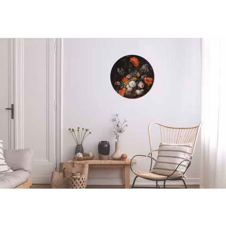 Stilleven met bloemen en een horloge - Schilderij van Abraham Mignon Wandcirkel aluminium klein -woonkamer