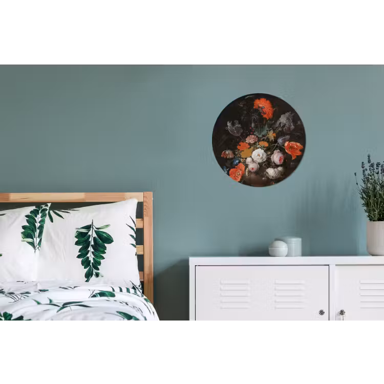 Stilleven met bloemen en een horloge - Schilderij van Abraham Mignon Wandcirkel aluminium klein -slaapkamer