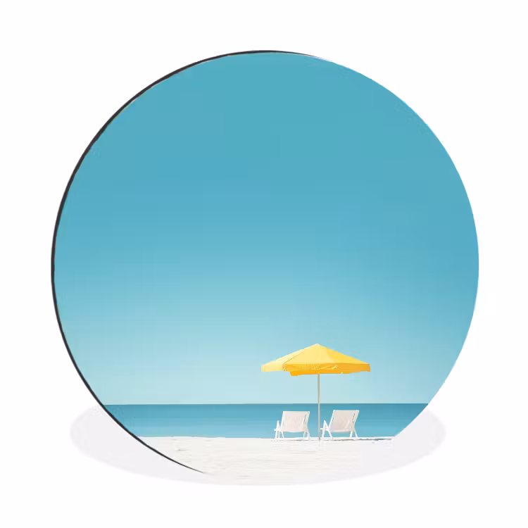 Strand - Blauwe lucht - Geel - Parasol Wandcirkel aluminium klein -3d