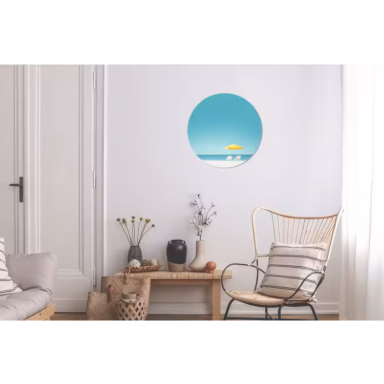 Strand - Blauwe lucht - Geel - Parasol Wandcirkel aluminium klein -woonkamer