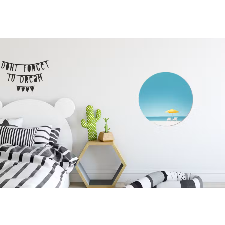 Strand - Blauwe lucht - Geel - Parasol Wandcirkel aluminium klein -kinderkamer