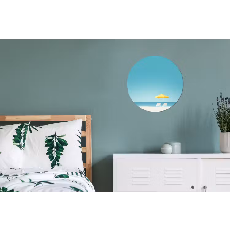 Strand - Blauwe lucht - Geel - Parasol Wandcirkel aluminium klein -slaapkamer