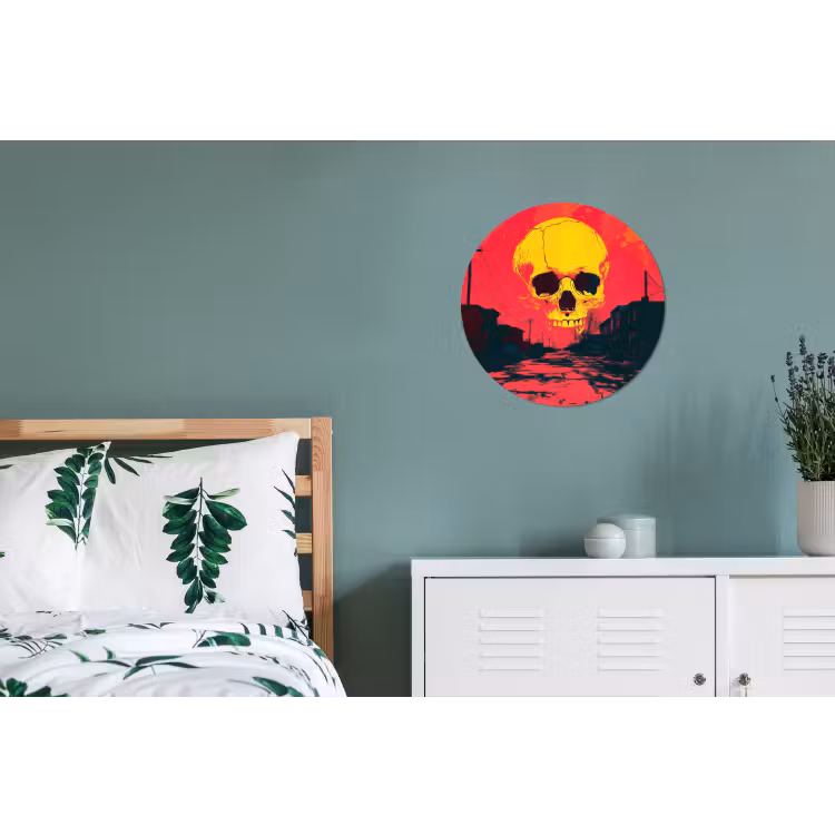 Straat - Verlaten - Schedel - Geel Wandcirkel aluminium klein -slaapkamer