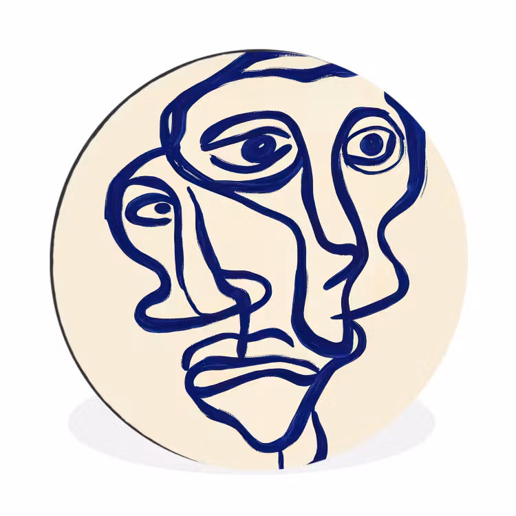 Lijntekening - Overlappende gezichten - Donkerblauw Wandcirkel aluminium klein -3d