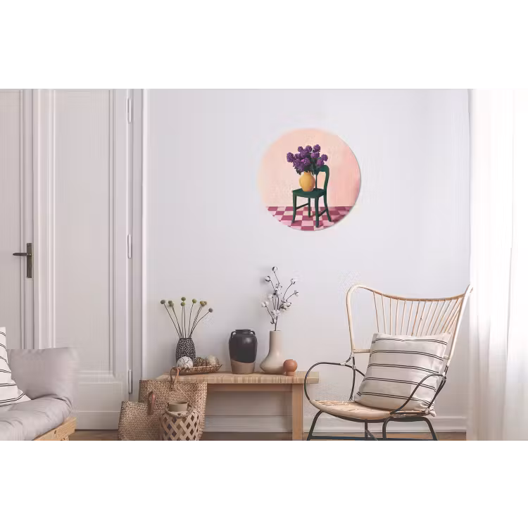 Stoel - Vaas - Bloemen - Geblokt Wandcirkel aluminium klein -woonkamer