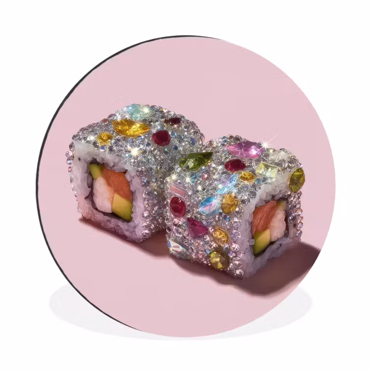 Sushi - Rolletjes - Steentjes - Kleurrijk Wandcirkel aluminium klein -3d