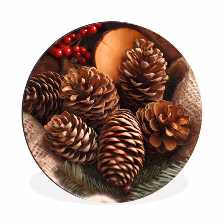 Dennenappels - Boom - Winter - Natuur - Bruin Wandcirkel aluminium klein -3d