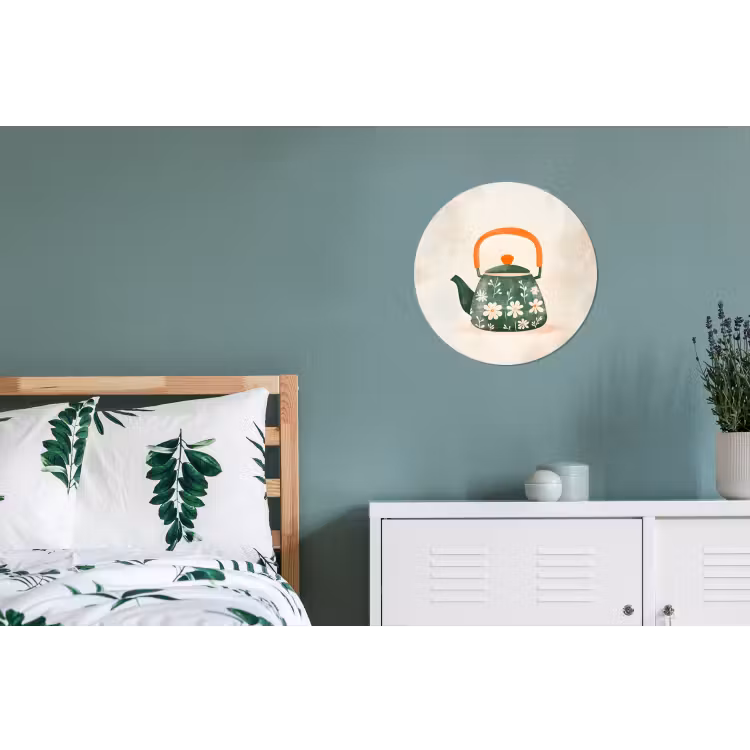 Theepot - Groen - Bloemen - Oranje Wandcirkel aluminium klein -slaapkamer