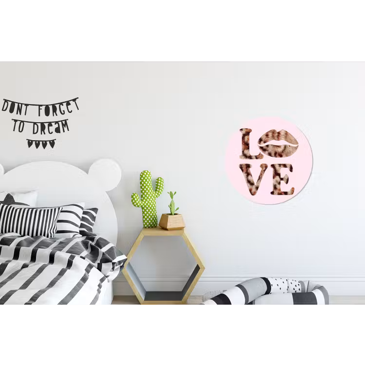 Tekst - Love - Pantervacht - Lichtroze Wandcirkel aluminium klein -kinderkamer
