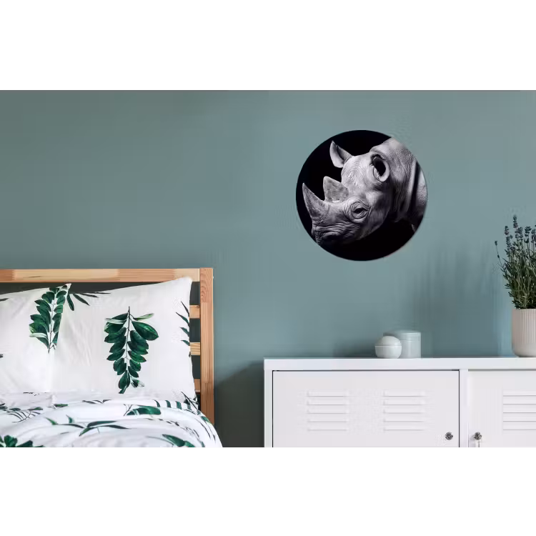 Dieren - Neushoorn - Zwart - Wit - Portret Wandcirkel aluminium klein -slaapkamer