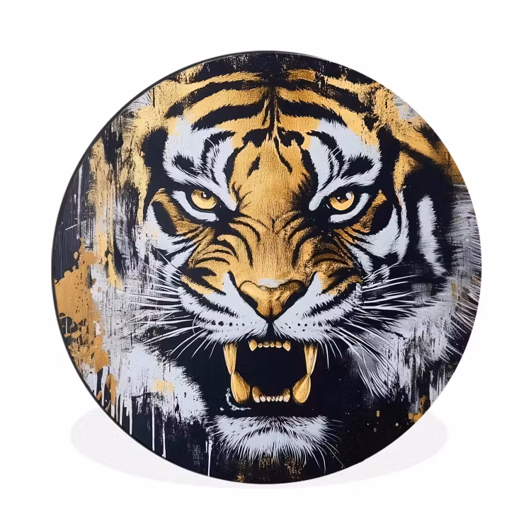 Tijger - Verfspatten - Goud Wandcirkel aluminium klein -3d