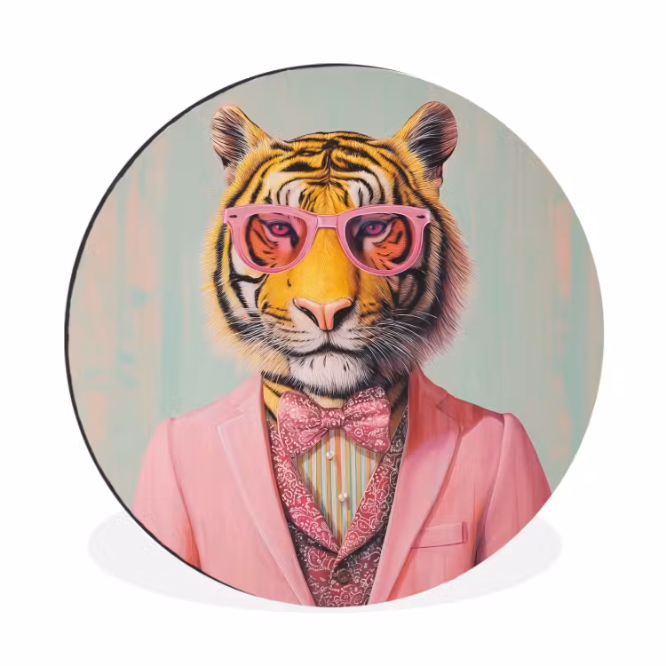 Tijger - Strik - Jasje - Roze Wandcirkel aluminium klein -3d