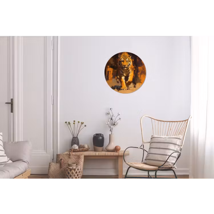 Tijger - Geschilderd - Oranje - Penseelstreken Wandcirkel aluminium klein -woonkamer