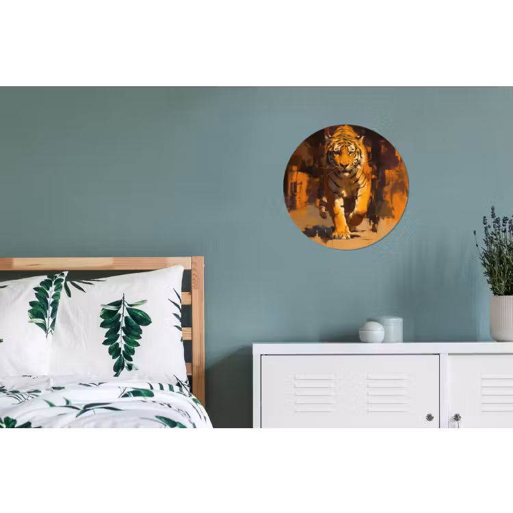 Tijger - Geschilderd - Oranje - Penseelstreken Wandcirkel aluminium klein -slaapkamer