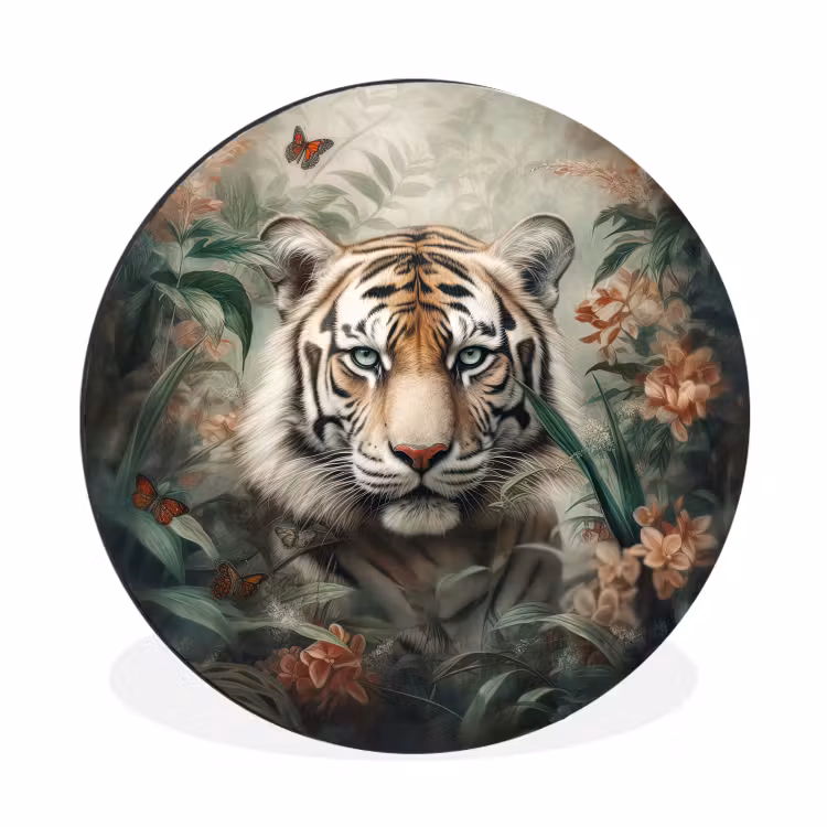 Tijger - Vlinders - Dieren - Jungle - Bloemen Wandcirkel aluminium klein -3d