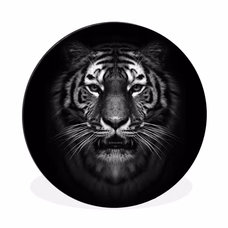 Tijger - Dieren - Zwart - Wit - Portret - Wild Wandcirkel aluminium klein -3d