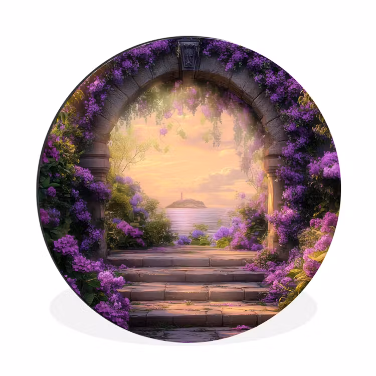 Poort - Paars - Bloemen Wandcirkel aluminium klein -3d