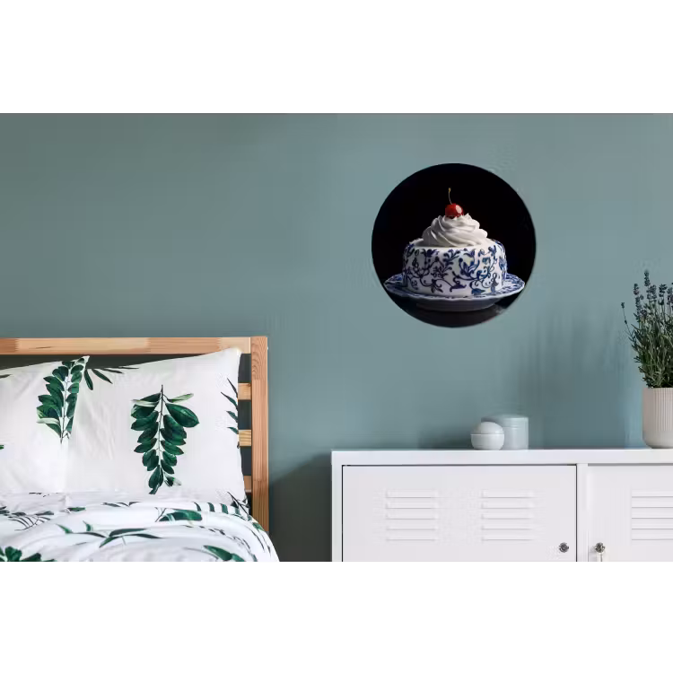 Taart - Slagroom - Kers - Bord - Delfts blauw Wandcirkel aluminium klein -slaapkamer