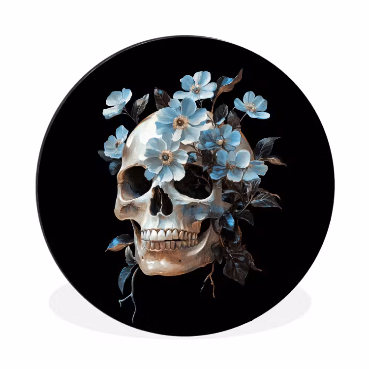 Schedel - Blauw - Bloemen - Bladeren Wandcirkel aluminium klein -3d
