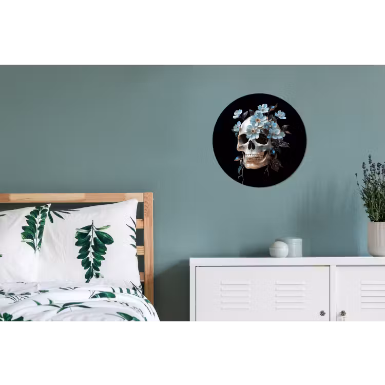 Schedel - Blauw - Bloemen - Bladeren Wandcirkel aluminium klein -slaapkamer