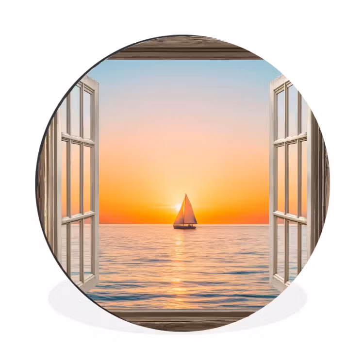Doorkijk - Zee - Boot - Zonsondergang Wandcirkel aluminium klein -3d