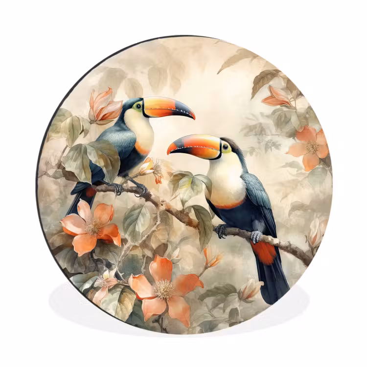 Toekan - Vogels - Bloemen - Tak Wandcirkel aluminium klein -3d