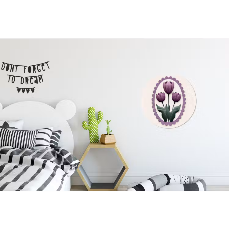 Tulpen - Paars - Lijst - Bladeren Wandcirkel aluminium klein -kinderkamer