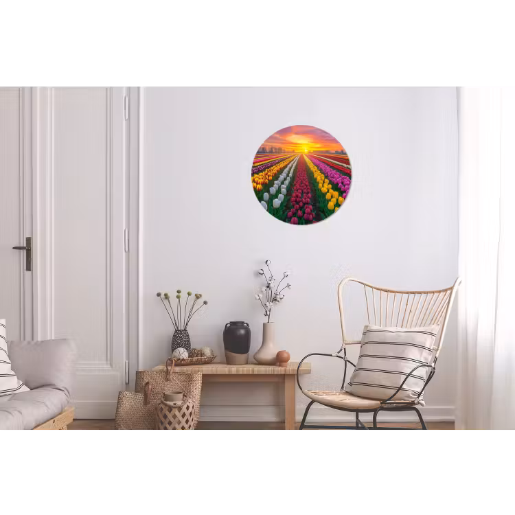Tulpenveld - Zonsondergang - Kleurrijk Wandcirkel aluminium klein -woonkamer