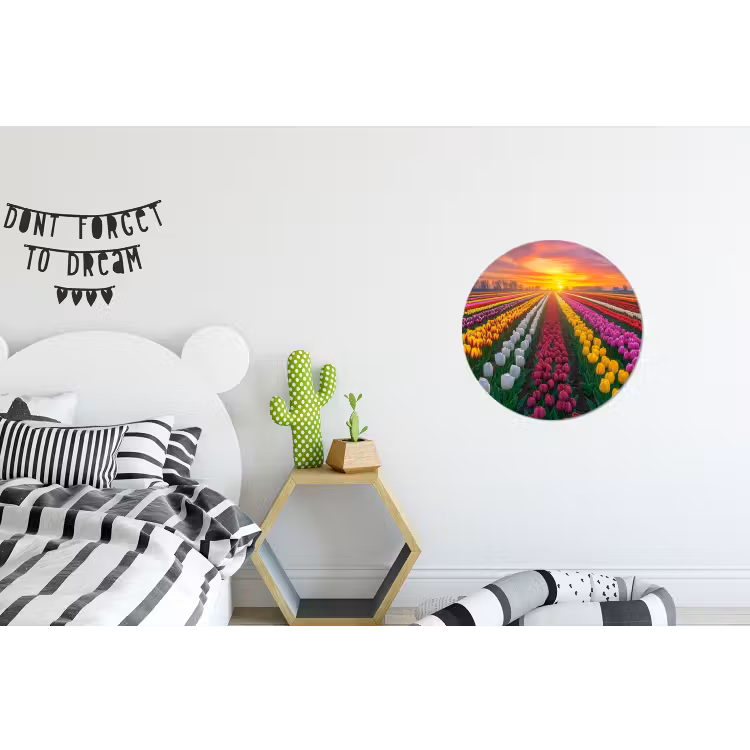 Tulpenveld - Zonsondergang - Kleurrijk Wandcirkel aluminium klein -kinderkamer