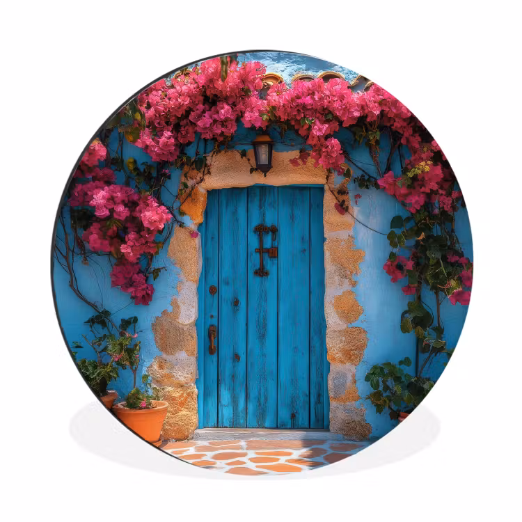 Deur - Hout - Bloemen - Blauw Wandcirkel aluminium klein -3d