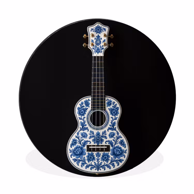 Ukelele - Delfts - Blauw - Muziek Wandcirkel aluminium klein -3d