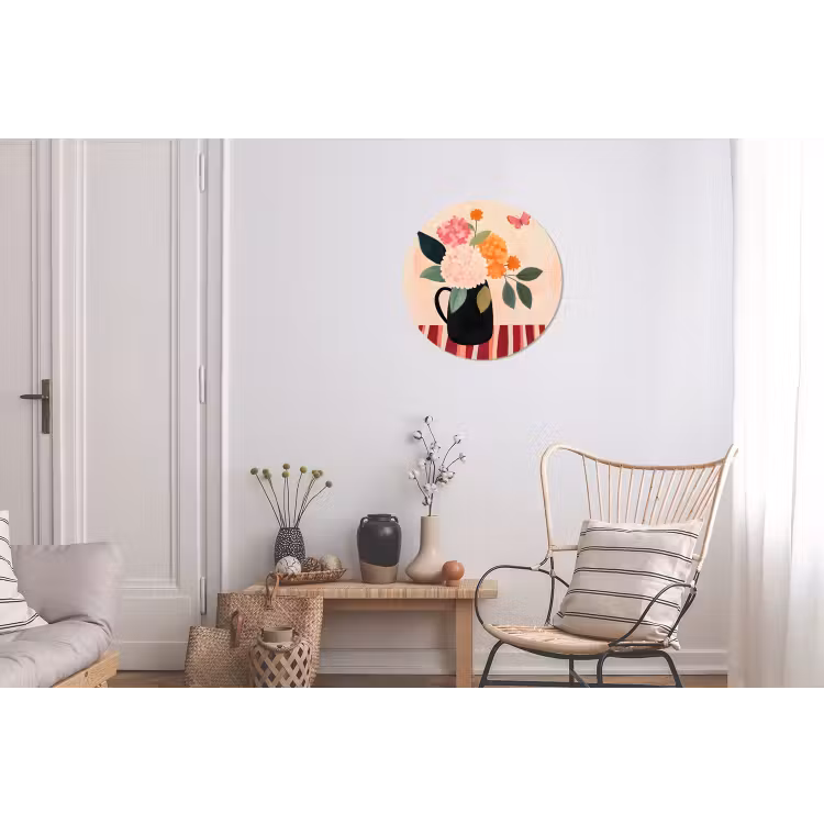 Vaas - Bloemen - Vlinder - Rood Wandcirkel aluminium klein -woonkamer
