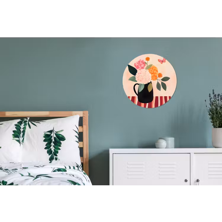 Vaas - Bloemen - Vlinder - Rood Wandcirkel aluminium klein -slaapkamer